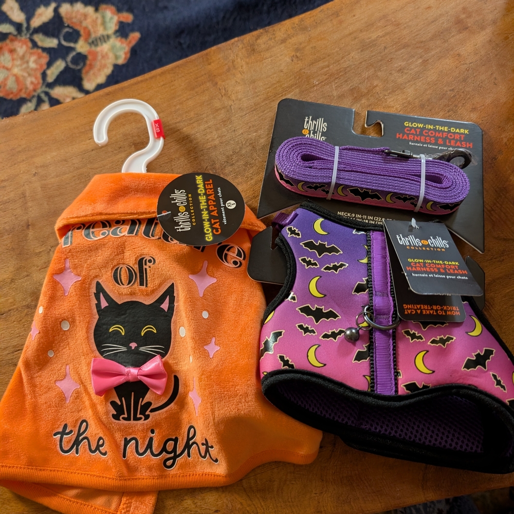 thrills & chills Glow-in-the-Dark Cat Harness & Orange Halloween Cat Shirt Set